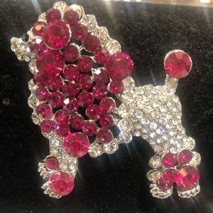 Hot pink and clear Rhinestone Poodle Dog Puppy Animal Brooch Pin in sliver